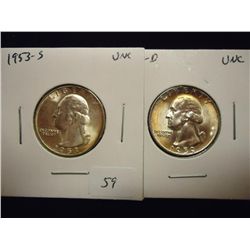 1953-S & 59-D WASHINGTON SILVER QUARTERS UNC