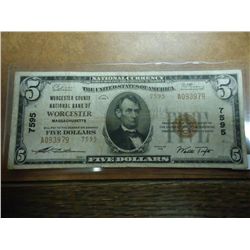 1929 TYPE II $5 NATIONAL CURRENCY  WORCESTER