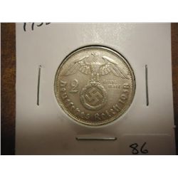1938-B GERMAN SILVER 2 MARK WITH SWASTIKA