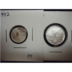 2 MEXICAN SILVER LIBERTADS 2013 1/10 OZ. AND 1992