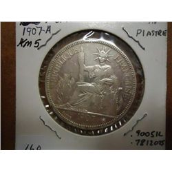 1907-A FRENCH INDO CHINA SILVER PIASTRE