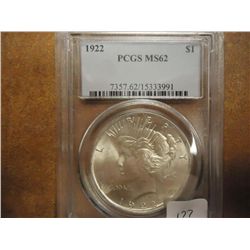1922 PEACE SILVER DOLLAR PCGS MS62