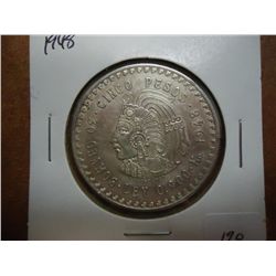 1948 MEXICO SILVER 5 PESOS .8680 OZ. ASW
