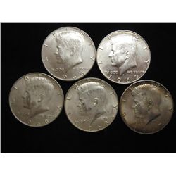 5 ASSORTED 40% SILVER KENNEDY HALF DOLLARS