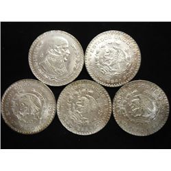 5 ASSORTED 1960'S MEXICO SILVER PESOS