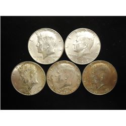 5 ASSORTED 40% SILVER KENNEDY HALF DOLLARS