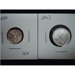 2- MEXICAN SILVER LIBERTADS UNC 2013 1/10 OZ. AND