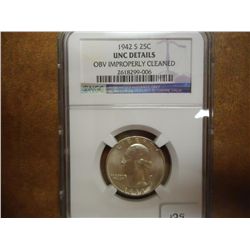 1942-S WASHINGTON SILVER QUARTER NGC UNC DETAILS