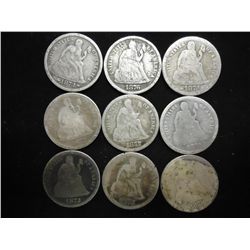 9 ASSORTED 1870'S SEATED LIBERTY DIMES
