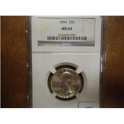 1964 WASHINGTON SILVER QUARTER NGC MS64