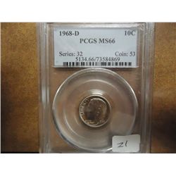1968-D ROOSEVELT DIME PCGS MS66