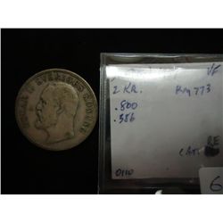 1907 SWEDEN SILVER 2 KRONOR VERY FINE