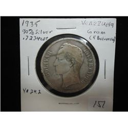 1935 VENEZUELA SILVER 5 BOLIVAR .7234 OZ. ASW