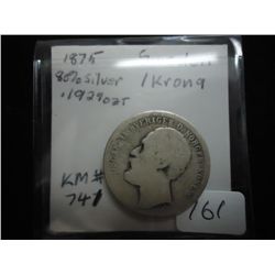 1875 SWEDEN SILVER KRONA .1929 OZ. ASW