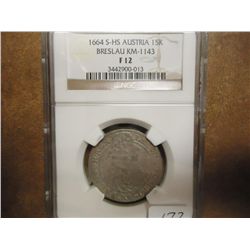 1664 S-HS AUSTRIA SILVER 15 KRUZER NGC F12