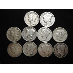 10 ASSORTED 1940'S MERCURY DIMES