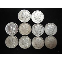 10 ASSORTED 1940'S  MERCURY DIMES