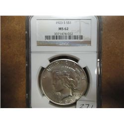 1923-S PEACE SILVER DOLLAR NGC MS62