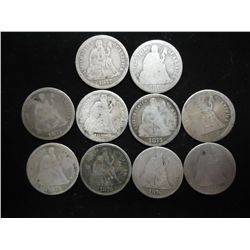 10 ASSORTED 1870'S SEATED LIBERTY DIMES