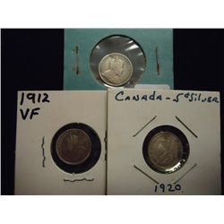 1907,12-VF & 1920 CANADA SILVER 5 CENTS