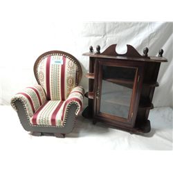 BEAUTIFUL UPHOLSTERED DOLL CHAIR AND DISPLAY SHELF