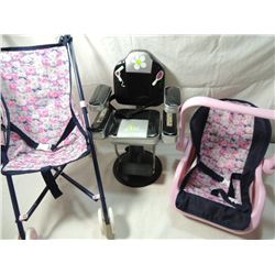 LOT 3 DOLL ACCESSORIES CHAIR, STROLER, CAR SEAT