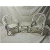 Image 1 : LOT 3 WHITE WRICKER DOLL CHAIRS & TABLE
