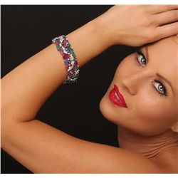 18KT White Gold 32.00ctw Sapphire, Ruby, Emerald and Diamond Bracelet