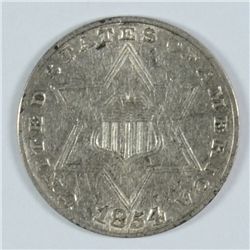 1854 THREE CENT SILVER AU