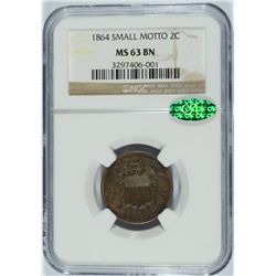 1864 SMALL MOTTO TWO CENT PIECE NGC MS63  BN CAC