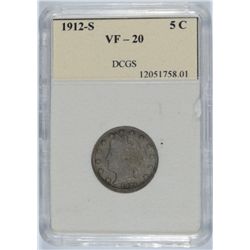 1912-S LIBERTY NICKEL DCGS VF20 KEY DATE