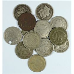 LOT OF (14) LOW GRADE THREE CENT NICKELS