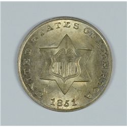 1851 THREE CENT SILVER AU55