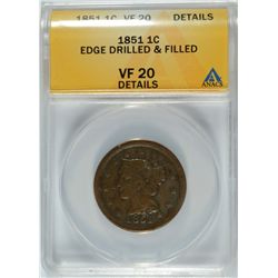 1851 LARGE CENT ANACS VF-20 DETAILS