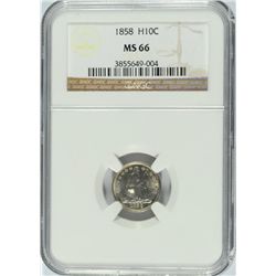 1858 SEATED HALF DIME NGC MS-66 (NICE WHITE COIN)