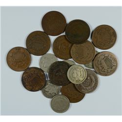COLLECTORS LOT OF 18 COINS -- (12) TWO CENT PIECES & (6) THREE CENT NICKELS.