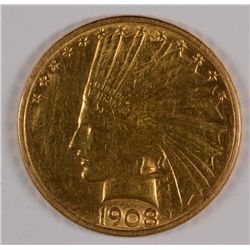 1908-D $10.00 INDIAN GOLD, AU cleaned