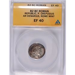 82 BC ROMAN SILVER DENARIUS P. CREPUSIUS ANACS EF-40