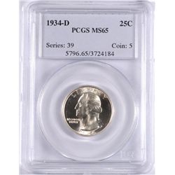 1934-D WASHINGTON QUARTER, PCGS MS-65  BLAST WHITE