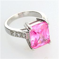 Platinum Overlay Sterling Silver French Pink Cubic Zirconium Ring