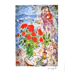 MARC CHAGALL Red Bouquet with Lovers Print, I176 of 500