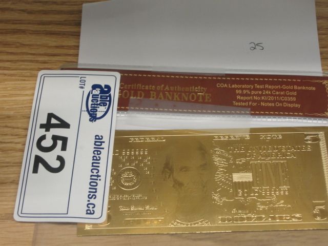 Solid Gold Bank Note .999 SOLID GOLD CERTIFIED BANK NOTE. TAX EXEMPT - Able Auctions