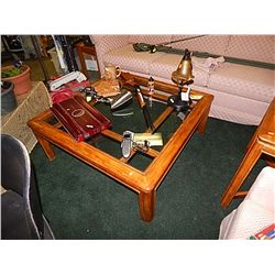 LARGE SQUARE OAK AND GLASS COFFEE TABLE