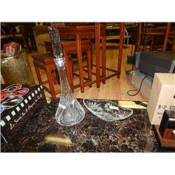 CRYSTAL DECANTER (TINY CHIPS ON TOP RIM) AND DISH
