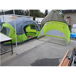CAMPING SET - TENT, SLEEPING BAGS (2) AND PORTABLE SUN SHADE - **NOTE - TENT DAMAGED ON FLOOR BUT CA