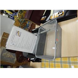 BASKET, 4 SIGN HOLDERS AND PAPER FILE