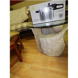 UNIQUE DESIGNED GLASS TOP END TABLE - TILED BASE - NEW RETAIL $500