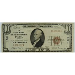 1929 $10 NATIONAL PIQUA, OH #1061
