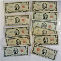 11-$2.00 RED SEAL U.S. NOTES 1953-1963 G-AU
