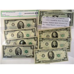 FRN COLLECTION: 14-1963 $1.00 CONSECUTIVE SERIAL #; 4 $2.00 BILLS 1976-1995-2003